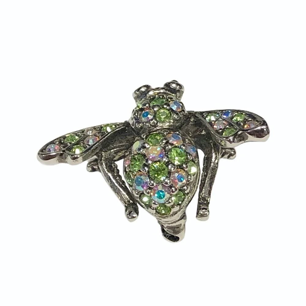 JOAN RIVERS CLEAR AURORA BOREALIS & GREEN CRYSTALS SILVER TONE BUMBLEBEE BROOCH